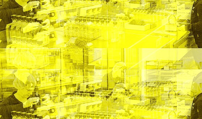 Manufakturen-Blog-PopArt-Projekt: Mitarbeiter V, saphirgelb (Foto: Wigmar Bressel) - basierend auf einem Foto von Martin Specht in der Emil Scheibel Schwarzwald-Brennerei in Kappelrodeck; Mitarbeiter beim Konfektionieren