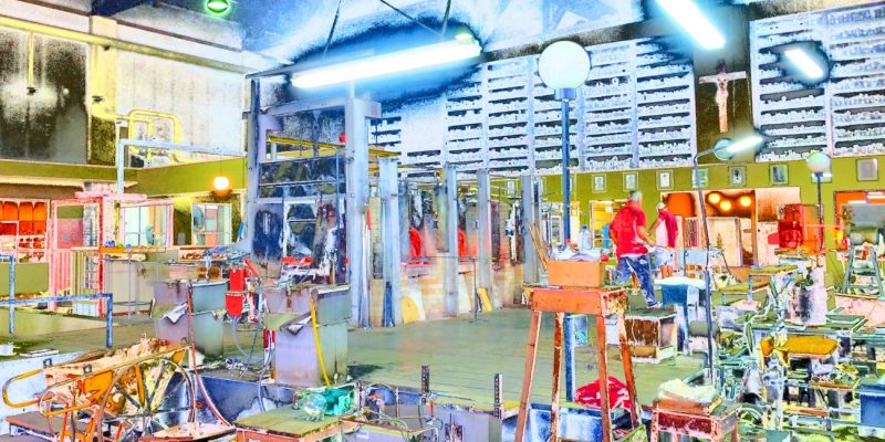 Manufakturen-Blog-PopArt-Projekt: Der alte Glasofen II, blau (Foto: Wigmar Bressel) - basierend auf einem Foto von Martin Specht in der Produktion der Glasmanufaktur Freiherr von Poschinger in Frauenau im Bayerischen Wald