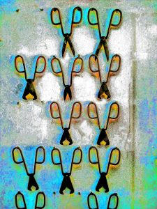 Manufakturen-Blog-PopArt-Projekt: Scheren I, schwarz / grau / blau (Foto: Wigmar Bressel) - basierend auf einem Foto in der Ofenhalle der Glasmanufaktur Harzkristall in Derenburg am Nordharz