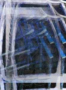 Manufakturen-Blog-PopArt-Projekt: Wässern I, weiß / blau (Foto: Wigmar Bressel) - basierend auf einem Foto von Werkzeugen in der Glasmanufaktur Harzkristall im sachsen-anhaltinischen Derenburg