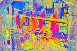 Manufakturen-Blog-PopArt-Projekt: In der Messerschleiferei, pastell (Foto: Wigmar Bressel) - basierend auf einem Foto in der Produktion der Solinger Messerschmiede Güde