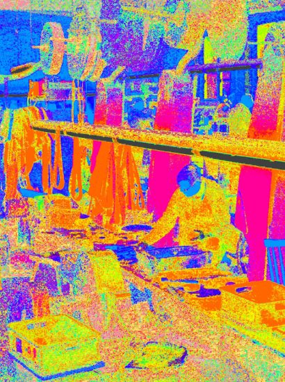 Manufakturen-Blog-PopArt-Projekt: In der Messerschleiferei, pastell (Foto: Wigmar Bressel) - basierend auf einem Foto in der Produktion der Solinger Messerschmiede Güde