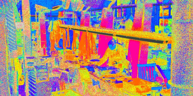 Manufakturen-Blog-PopArt-Projekt: In der Messerschleiferei, pastell (Foto: Wigmar Bressel) - basierend auf einem Foto in der Produktion der Solinger Messerschmiede Güde