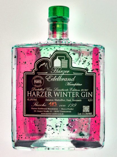 Manufakturen-Blog-PopArt-Projekt: Wintergin I, pink (Foto: Wigmar Bressel) - basierend auf einem Foto einer Flasche Gin mit Blattsilber aus der Harzer Edelbrandmanufaktur von Marco Fiedler in Timmenrode