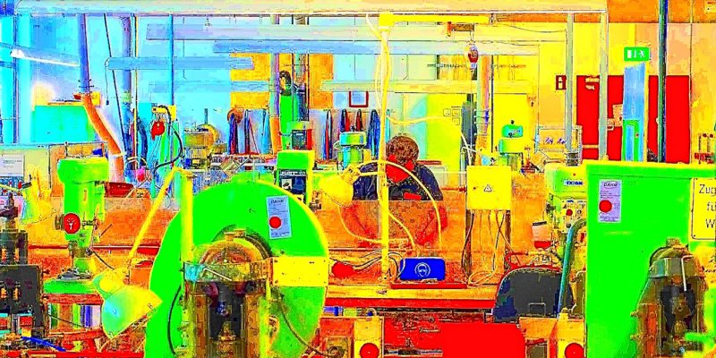 Manufakturen-Blog-PopArt-Projekt: Produktion IV, neongrün (Foto: Wigmar Bressel) - basierend auf einem Foto von Martin Specht in der Produktion der Messermanufaktur Böker in Solingen