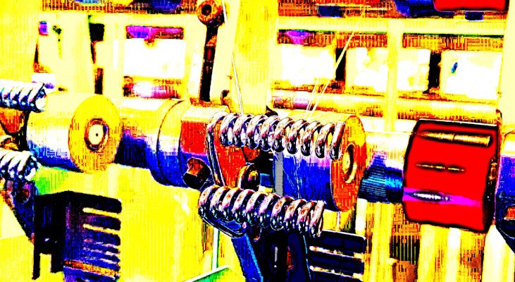 Manufakturen-Blog-PopArt-Projekt: Maschine IX, gelb (Foto: Wigmar Bressel) - basierend auf einem Foto im Maschinensaal der J. F. Effektgarne in Oelsnitz im Vogtland