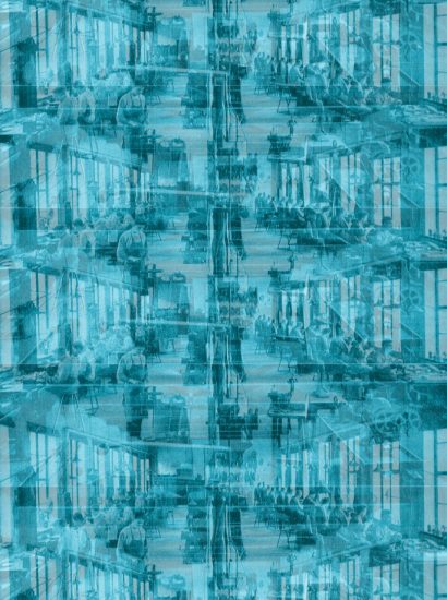 Manufakturen-Blog-PopArt-Projekt: Mitarbeiter III, aquamarin (Foto: Wigmar Bressel) - basierend auf einem historischen Foto aus dem Jahr 1926 in der Silberwarenmanufaktur Koch & Bergfeld in der Bremer Neustadt - sogenannte "Hammerarbeiter"