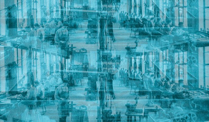 Manufakturen-Blog-PopArt-Projekt: Mitarbeiter III, aquamarin (Foto: Wigmar Bressel) - basierend auf einem historischen Foto aus dem Jahr 1926 in der Silberwarenmanufaktur Koch & Bergfeld in der Bremer Neustadt - sogenannte "Hammerarbeiter"