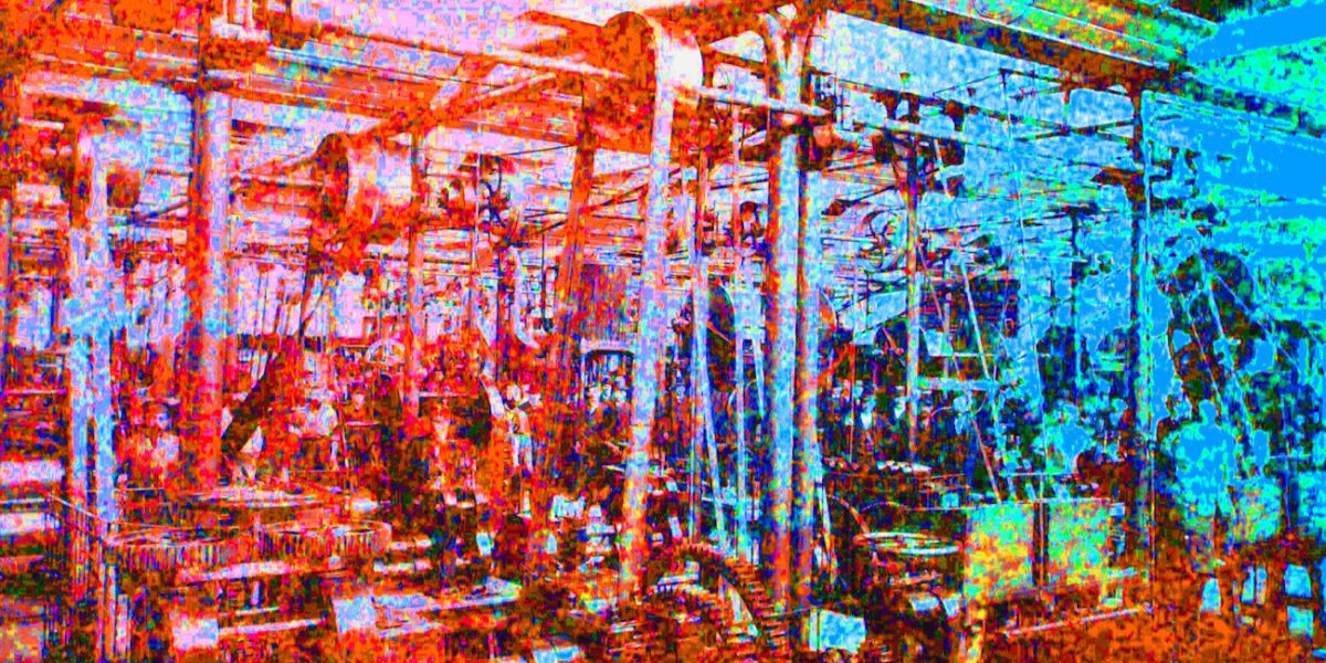 Manufakturen-Blog-PopArt-Projekt: Maschinensaal II, rot / blau (Foto: Wigmar Bressel) - basierend auf einem Foto von Louis Koch aus dem Jahr 1904 im Maschinensaal der Silberwarenmanufaktur Koch & Bergfeld in der Bremer Neustadt