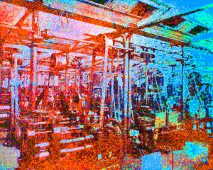 Manufakturen-Blog-PopArt-Projekt: Maschinensaal II, rot / blau (Foto: Wigmar Bressel) - basierend auf einem Foto von Louis Koch aus dem Jahr 1904 im Maschinensaal der Silberwarenmanufaktur Koch & Bergfeld in der Bremer Neustadt