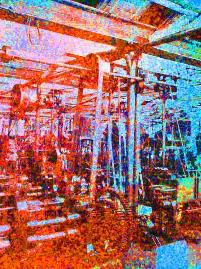 Manufakturen-Blog-PopArt-Projekt: Maschinensaal II, rot / blau (Foto: Wigmar Bressel) - basierend auf einem Foto von Louis Koch aus dem Jahr 1904 im Maschinensaal der Silberwarenmanufaktur Koch & Bergfeld in der Bremer Neustadt