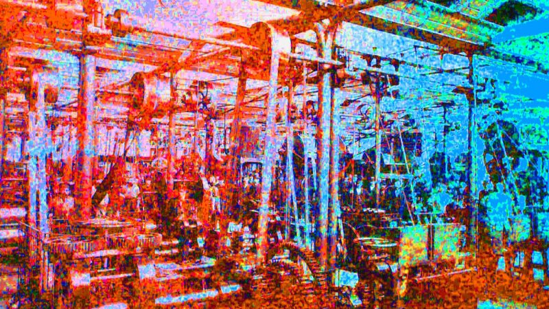 Manufakturen-Blog-PopArt-Projekt: Maschinensaal II, rot / blau (Foto: Wigmar Bressel) - basierend auf einem Foto von Louis Koch aus dem Jahr 1904 im Maschinensaal der Silberwarenmanufaktur Koch & Bergfeld in der Bremer Neustadt