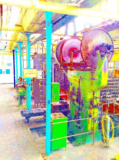 Manufakturen-Blog-PopArt-Projekt: Die Presse II, pastell (Foto: Wigmar Bressel) - basierend auf einem Foto im historischen Maschinensaal, der Prägerei, der Silberwarenmanufaktur Koch & Bergfeld in der Bremer Neustadt