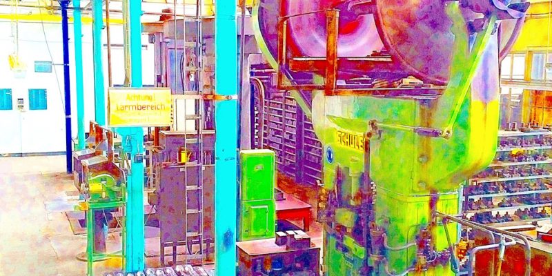 Manufakturen-Blog-PopArt-Projekt: Die Presse II, pastell (Foto: Wigmar Bressel) - basierend auf einem Foto im historischen Maschinensaal, der Prägerei, der Silberwarenmanufaktur Koch & Bergfeld in der Bremer Neustadt