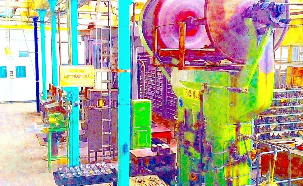 Manufakturen-Blog-PopArt-Projekt: Die Presse II, pastell (Foto: Wigmar Bressel) - basierend auf einem Foto im historischen Maschinensaal, der Prägerei, der Silberwarenmanufaktur Koch & Bergfeld in der Bremer Neustadt