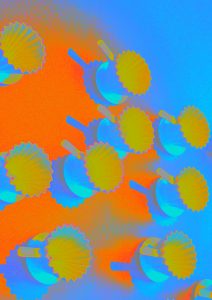 Manufakturen-Blog-PopArt-Projekt: Kaffeefilter, ocker (Foto: Wigmar Bressel) - basierend auf einem Foto einer Installation aus Tellern aus der Königlichen Porzellanmanufaktur (KPM) an einer Wand im Restaurant 'Dong - A' im KPM Hotel & Residences in der Englischen Straße 6 in Berlin