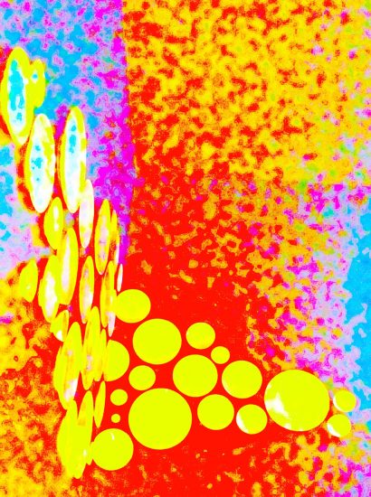 Manufakturen-Blog-PopArt-Projekt: Teller, gelb (Foto: Wigmar Bressel) - basierend auf einem Foto einer Installation aus Tellern aus der Königlichen Porzellanmanufaktur (KPM) an einer Wand im Restaurant 'Dong - A' im KPM Hotel & Residences in der Englischen Straße 6 in Berlin