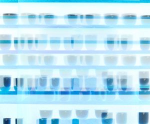 Manufakturen-Blog-PopArt-Projekt: Porzellanregal I, hellblau (Foto: Wigmar Bressel) - basierend auf einem Foto eines Regals gefüllt mit Labor-Porzellan der Serie 'LAB' der Königlichen Porzellanmanufaktur KPM in der historischen Ofenhalle der Manufaktur in der Berliner Wegelystraße 1