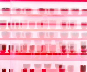 Manufakturen-Blog-PopArt-Projekt: Porzellanregal I, rot (Foto: Wigmar Bressel) - basierend auf einem Foto eines Regals gefüllt mit Porzellan der Serie 'LAB' der Königlichen Porzellanmanufaktur KPM in der historischen Ofenhalle der Manufaktur in der Berliner Wegelystraße 1