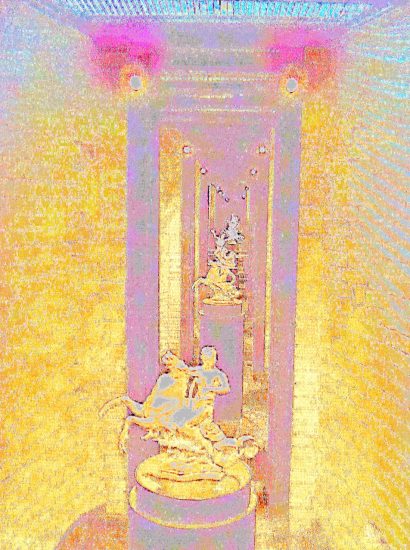 Manufakturen-Blog-PopArt-Projekt: Goldene Reiter (Foto: Wigmar Bressel) - basierend auf einem Foto von einer Installation im großen Brennofen in der historischen Ofenhalle der Königlichen Porzellanmanufaktur (KPM) in der Berliner Wegelystraße 1