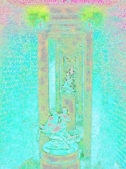 Manufakturen-Blog-PopArt-Projekt: Jade-Reiter (Foto: Wigmar Bressel) - basierend auf einem Foto von einer Installation im großen Brennofen in der historischen Ofenhalle der Königlichen Porzellanmanufaktur (KPM) in der Berliner Wegelystraße 1