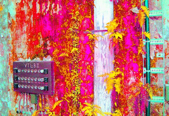 Manufakturen-Blog-PopArt-Projekt: Elektroverteilung III dreifach, pink / gelb / jade (Im Dschungel) (Foto: Wigmar Bressel) - basierend auf einem Foto in der Alten Poliererei der Silberwarenmanufaktur Koch & Bergfeld in der Bremer Neustadt