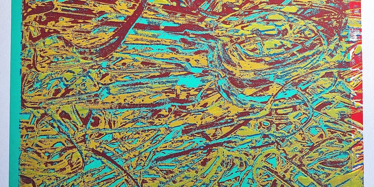 Manufakturen-Blog-PopArt-Projekt: Stanzreste II, gelb-rot-lindgrün ("Verflixt und zugenäht!" Aus dem Bild gesprungen aka Fehldruck 1/1) - Siebdruck, dreifarbig, 37 x 26,5 cm, basierend auf einem Foto von sogenannten 'Schroten' in der Produktion der Besteckmanufaktur von Koch & Bergfeld in Bremen (Foto: Wigmar Bressel)