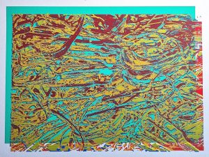 Manufakturen-Blog-PopArt-Projekt: Stanzreste II, gelb-rot-lindgrün ("Verflixt und zugenäht!" Aus dem Bild gesprungen aka Fehldruck 1/1) - Siebdruck, dreifarbig, 37 x 26,5 cm, basierend auf einem Foto von sogenannten 'Schroten' in der Produktion der Besteckmanufaktur von Koch & Bergfeld in Bremen (Foto: Wigmar Bressel)