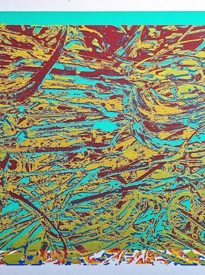 Manufakturen-Blog-PopArt-Projekt: Stanzreste II, gelb-rot-lindgrün ("Verflixt und zugenäht!" Aus dem Bild gesprungen aka Fehldruck 1/1) - Siebdruck, dreifarbig, 37 x 26,5 cm, basierend auf einem Foto von sogenannten 'Schroten' in der Produktion der Besteckmanufaktur von Koch & Bergfeld in Bremen (Foto: Wigmar Bressel)