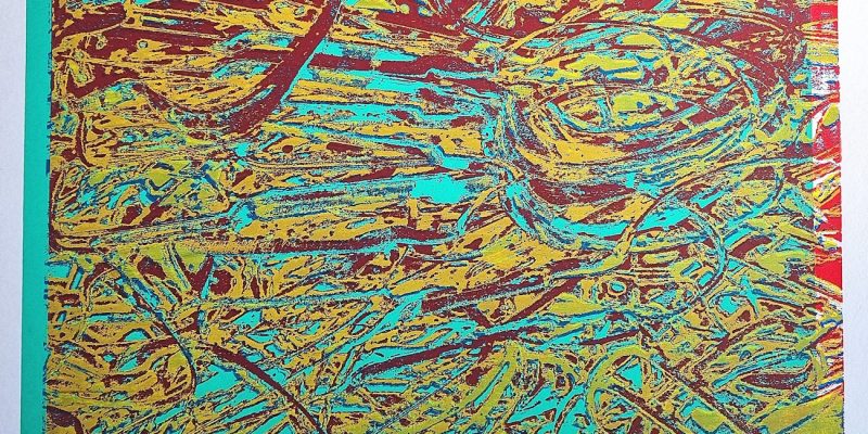 Manufakturen-Blog-PopArt-Projekt: Stanzreste II, gelb-rot-lindgrün ("Verflixt und zugenäht!" Aus dem Bild gesprungen aka Fehldruck 1/1) - Siebdruck, dreifarbig, 37 x 26,5 cm, basierend auf einem Foto von sogenannten 'Schroten' in der Produktion der Besteckmanufaktur von Koch & Bergfeld in Bremen (Foto: Wigmar Bressel)