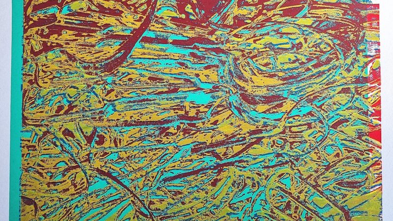 Manufakturen-Blog-PopArt-Projekt: Stanzreste II, gelb-rot-lindgrün ("Verflixt und zugenäht!" Aus dem Bild gesprungen aka Fehldruck 1/1) - Siebdruck, dreifarbig, 37 x 26,5 cm, basierend auf einem Foto von sogenannten 'Schroten' in der Produktion der Besteckmanufaktur von Koch & Bergfeld in Bremen (Foto: Wigmar Bressel)