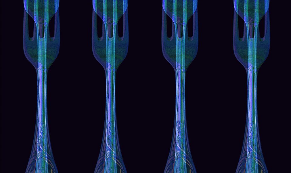 Manufakturen-Blog-PopArt-Projekt: Vier Gabeln, eisblau (Foto: Wigmar Bressel) - basierend auf einem Foto von Gabeln des Modells 'Rokoko' der Besteckmanufaktur von Koch & Bergfeld in Bremen