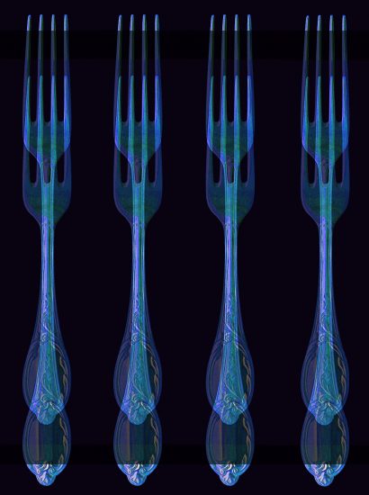 Manufakturen-Blog-PopArt-Projekt: Vier Gabeln, eisblau (Foto: Wigmar Bressel) - basierend auf einem Foto von Gabeln des Modells 'Rokoko' der Besteckmanufaktur von Koch & Bergfeld in Bremen