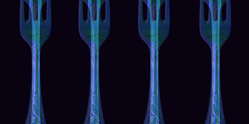 Manufakturen-Blog-PopArt-Projekt: Vier Gabeln, eisblau (Foto: Wigmar Bressel) - basierend auf einem Foto von Gabeln des Modells 'Rokoko' der Besteckmanufaktur von Koch & Bergfeld in Bremen