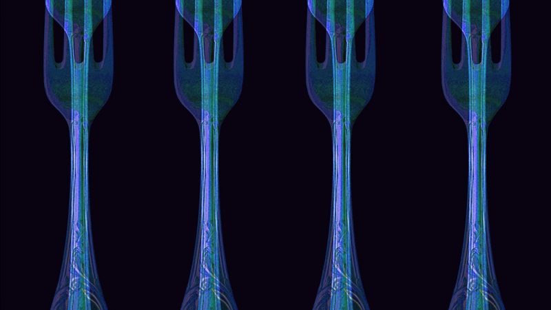 Manufakturen-Blog-PopArt-Projekt: Vier Gabeln, eisblau (Foto: Wigmar Bressel) - basierend auf einem Foto von Gabeln des Modells 'Rokoko' der Besteckmanufaktur von Koch & Bergfeld in Bremen