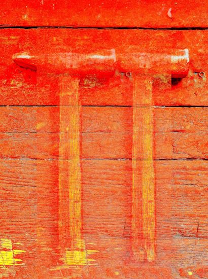 Manufakturen-Blog-PopArt-Projekt: Hammer II ("Die zwei Hämmer"), orange (Foto: Wigmar Bressel) - basierend auf einem Foto in der Werkstatt der Leinenweberei Hoffmann in Neukirch in der Oberlausitz