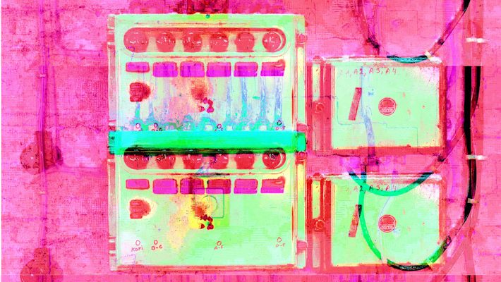 Manufakturen-Blog-PopArt-Projekt: Elektroverteilung II dreifach, johannisbeerrot (Foto: Wigmar Bressel) - basierend auf einem Foto im Websaal der Leinenmanufaktur Seegers & Sohn in Steinhude