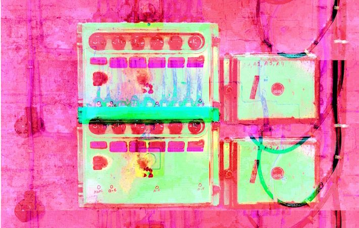 Manufakturen-Blog-PopArt-Projekt: Elektroverteilung II dreifach, johannisbeerrot (Foto: Wigmar Bressel) - basierend auf einem Foto im Websaal der Leinenmanufaktur Seegers & Sohn in Steinhude