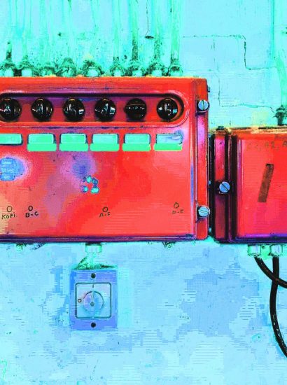 Manufakturen-Blog-PopArt-Projekt: Elekroverteilung II, rot (Foto: Wigmar Bressel) - basierend auf einem Foto aus der Leinenweberei Seegers &_Sohn in Steinhude