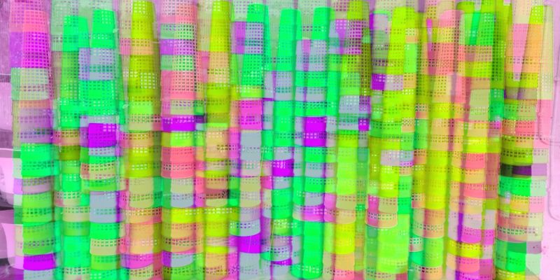 Manufakturen-Blog-PopArt-Projekt: Garnrollen III, rosa / grün (Foto: Wigmar Bressel) - basierend auf einem Foto von abgespulten Hülsen im Garnlager der Leinenweberei Seegers & Sohn im niedersächsischen Steinhude