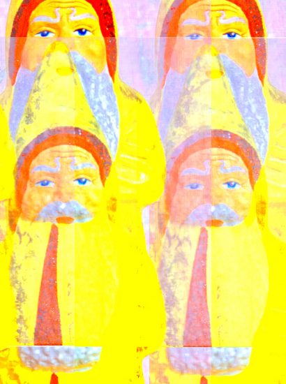 Manufakturen-Blog-PopArt-Projekt: Vier Weihnachtsmänner, gelb (Foto: Wigmar Bressel) - basierend auf einem Foto einer Weihnachtsmann-Figur aus Papiermaché aus der Manufaktur Marolin im thüringischen Steinach