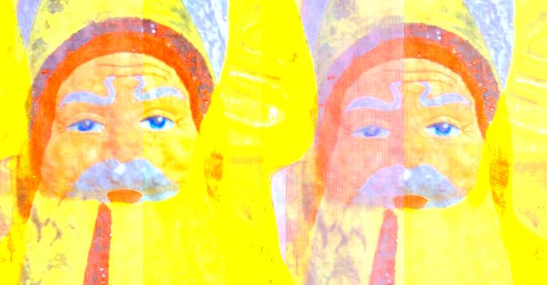 Manufakturen-Blog-PopArt-Projekt: Vier Weihnachtsmänner, gelb (Foto: Wigmar Bressel) - basierend auf einem Foto einer Weihnachtsmann-Figur aus Papiermaché aus der Manufaktur Marolin im thüringischen Steinach