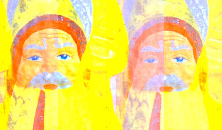 Manufakturen-Blog-PopArt-Projekt: Vier Weihnachtsmänner, gelb (Foto: Wigmar Bressel) - basierend auf einem Foto einer Weihnachtsmann-Figur aus Papiermaché aus der Manufaktur Marolin im thüringischen Steinach