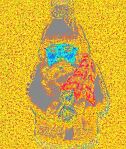 Manufakturen-Blog-PopArt-Projekt: Weihnachtsmann, goldgelb (Foto: Wigmar Bressel) - basierend auf einem Foto eines historischen Weihnachtsbaum-Anhängers aus der Papiermaché-Manufaktur Marolin aus Steinach im thüringischen Schiefergebirge