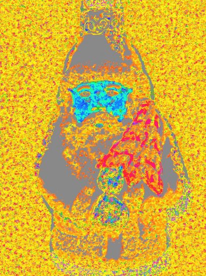 Manufakturen-Blog-PopArt-Projekt: Weihnachtsmann, goldgelb (Foto: Wigmar Bressel) - basierend auf einem Foto eines historischen Weihnachtsbaum-Anhängers aus der Papiermaché-Manufaktur Marolin aus Steinach im thüringischen Schiefergebirge