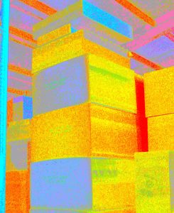 Manufakturen-Blog-PopArt-Projekt: Kuben, taubenblau / gelb (Foto: Wigmar Bressel) - basierend auf einem Foto in der Matratzenmanufaktur Wulff Med Tec im Dithmarschener Fedderingen