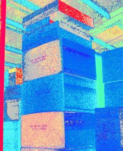 Manufakturen-Blog-PopArt-Projekt: Kuben, lachs / blau (Foto: Wigmar Bressel) - basierend auf einem Foto in der Matratzenmanufaktur Wulff Med Tech im Dithmarschener Fedderingen