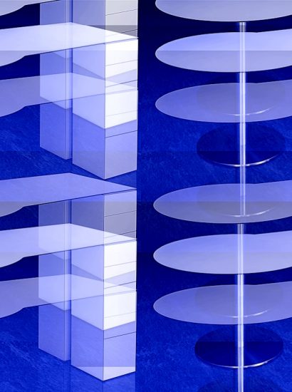 Manufakturen-Blog-PopArt-Projekt: Schreibtisch I, weiß / blau (Foto: Wigmar Bressel) - basierend auf einem Foto des Schreibtisches 'Denkplatz' aus HPL aus der Möbelmanufaktur Tamesis im sachsen-anhaltinischen Dessau-Roßlau