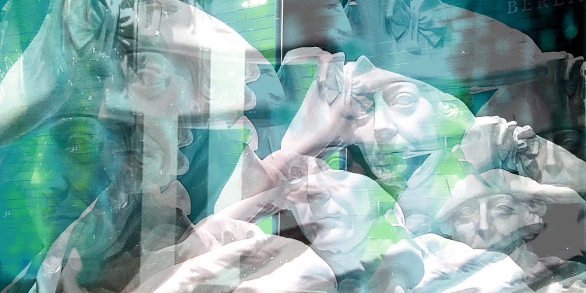 Manufakturen-Blog-PopArt-Projekt: Friedrich der Große II, jade (Foto: Wigmar Bressel) - basierend auf einem Foto nachts auf dem Hof der KPM Königlichen Porzellanmanufaktur in Berlin von Büsten des preußischen Vorbesitzers der Manufaktur in einer Außenvitrine