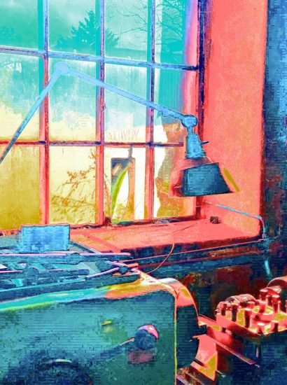 Manufakturen-Blog-PopArt-Projekt: Werkstatt III, ocean (Foto: Wgmar Bressel) - basierend auf einem Foto aus der Schlosserei in der Leinenmanufaktur Hoffmann in Neukirch/Oberlausitz